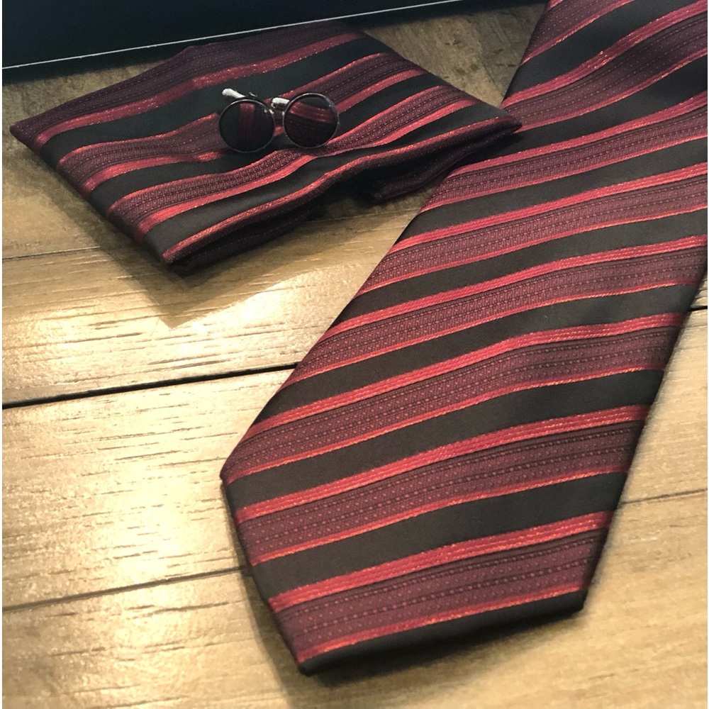 Men’s Necktie Set; Black & Red Stripe